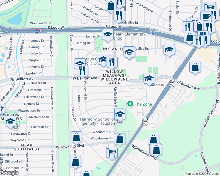 map of restaurants, bars, coffee shops, grocery stores, and more near 4010 Silverwood Drive in Houston