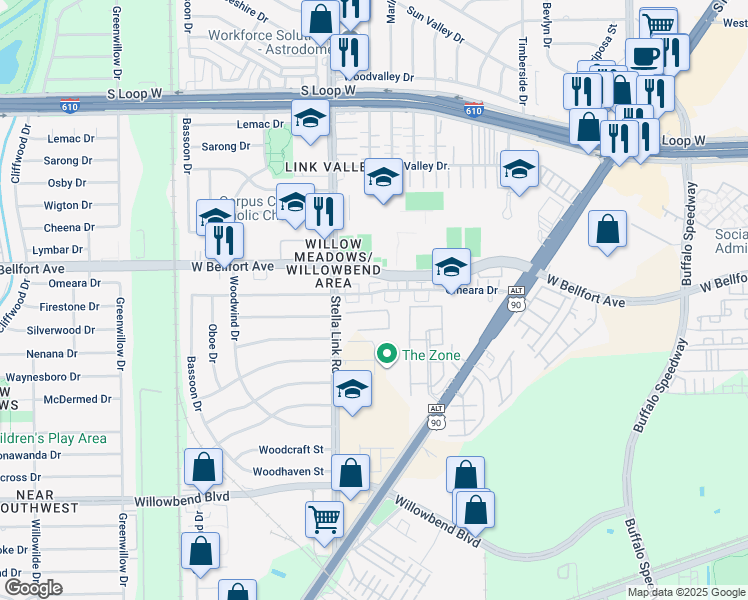 map of restaurants, bars, coffee shops, grocery stores, and more near 3909 Omeara Drive in Houston