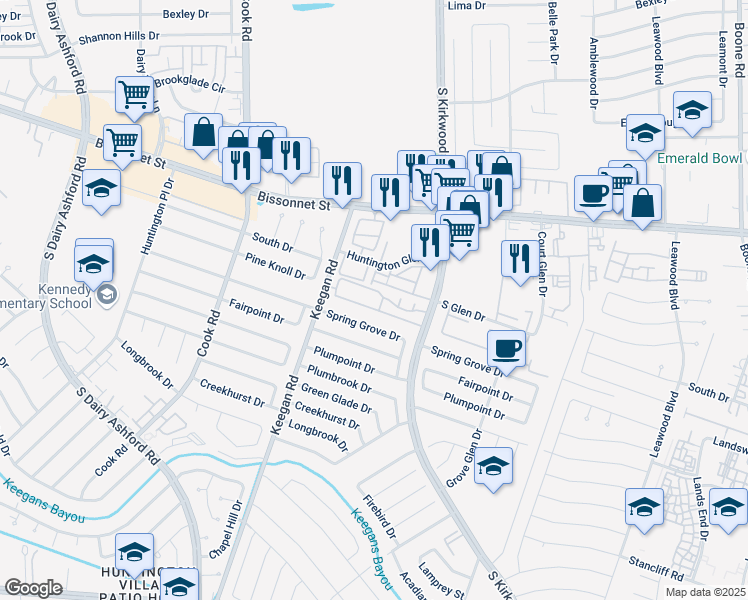 map of restaurants, bars, coffee shops, grocery stores, and more near 12042 Spring Grove Drive in Houston
