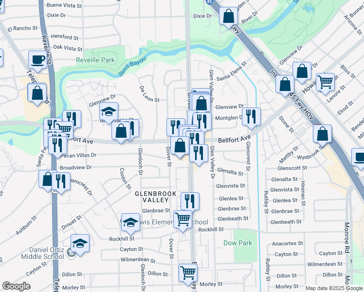 map of restaurants, bars, coffee shops, grocery stores, and more near 7808 Bellfort Avenue in Houston