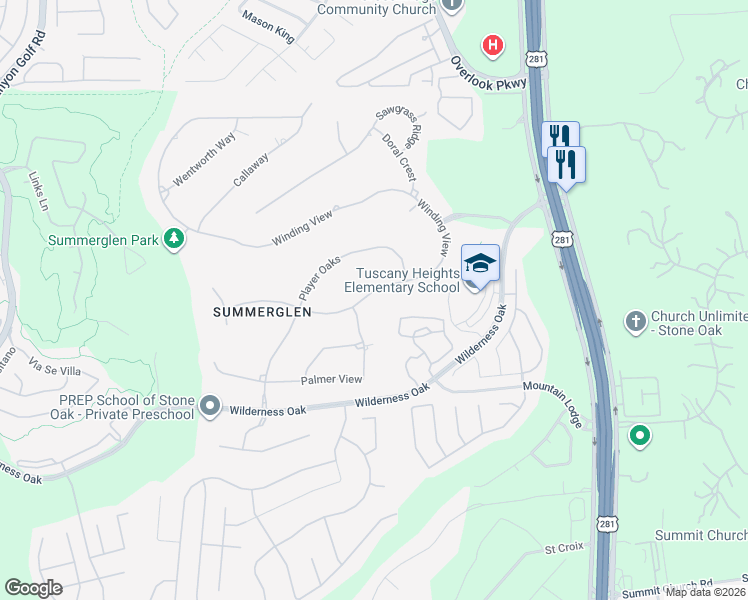 map of restaurants, bars, coffee shops, grocery stores, and more near 1812 Winding View in San Antonio