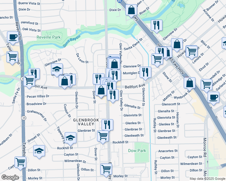 map of restaurants, bars, coffee shops, grocery stores, and more near 8324 Broadway Street in Houston