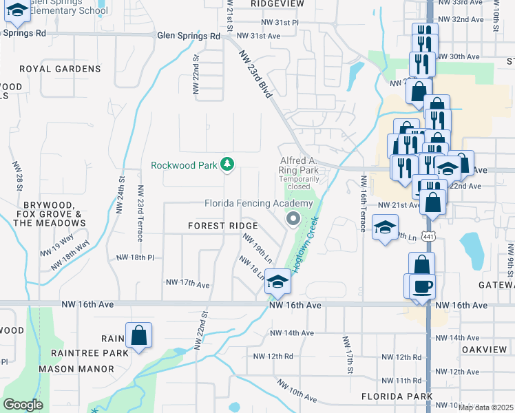 map of restaurants, bars, coffee shops, grocery stores, and more near 2066 Northwest 20th Lane in Gainesville
