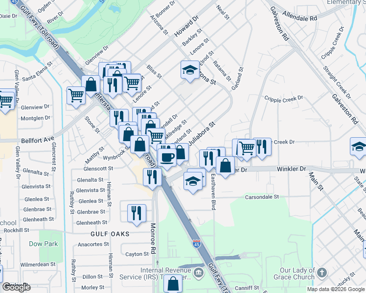 map of restaurants, bars, coffee shops, grocery stores, and more near 8625 Winkler Drive in Houston