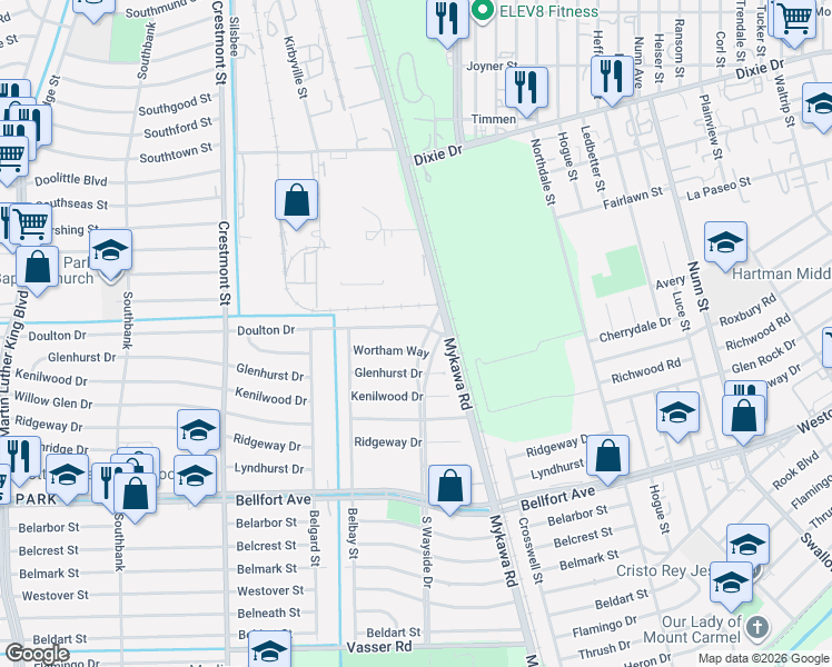 map of restaurants, bars, coffee shops, grocery stores, and more near 6135 Wortham Way in Houston