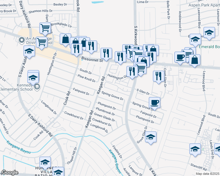 map of restaurants, bars, coffee shops, grocery stores, and more near 12042 Spring Grove Drive in Houston