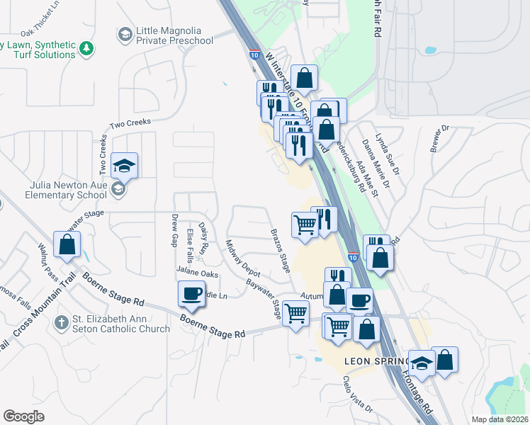 map of restaurants, bars, coffee shops, grocery stores, and more near 7830 Dunhill Coach in San Antonio