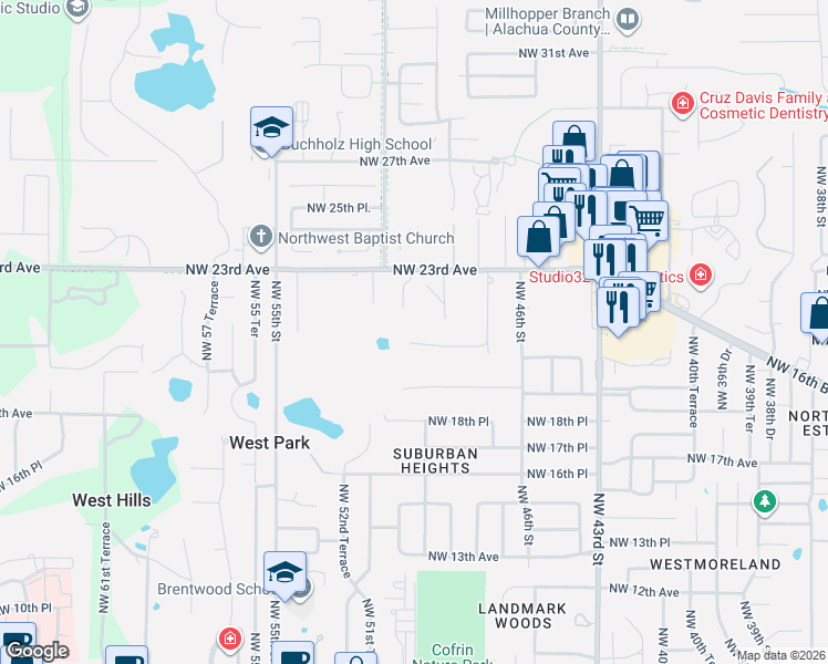 map of restaurants, bars, coffee shops, grocery stores, and more near 4961 Northwest 20th Place in Gainesville