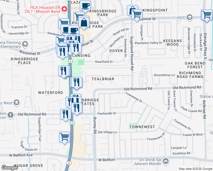 map of restaurants, bars, coffee shops, grocery stores, and more near 14210 Towneway Drive in Sugar Land