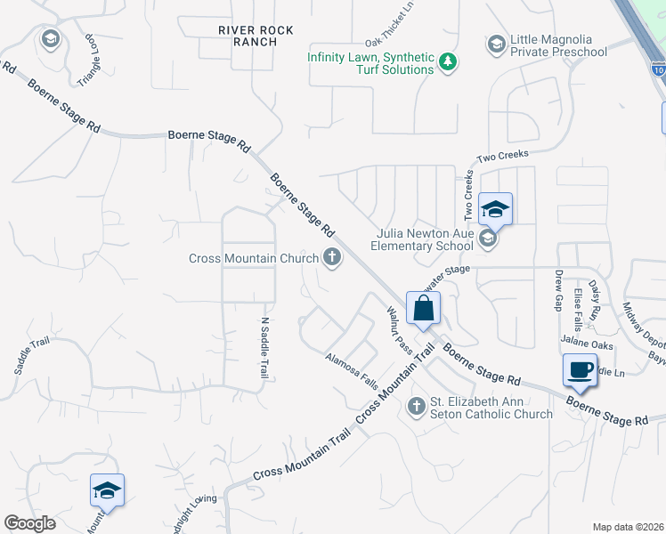 map of restaurants, bars, coffee shops, grocery stores, and more near 24891 Boerne Stage Road in San Antonio