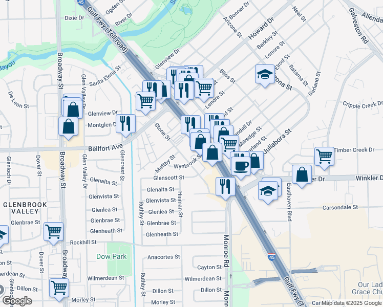map of restaurants, bars, coffee shops, grocery stores, and more near 8335 Wynbrook Street in Houston