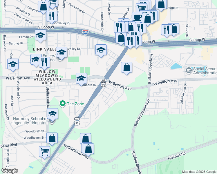 map of restaurants, bars, coffee shops, grocery stores, and more near 3419 Knighton Hill Drive in Houston