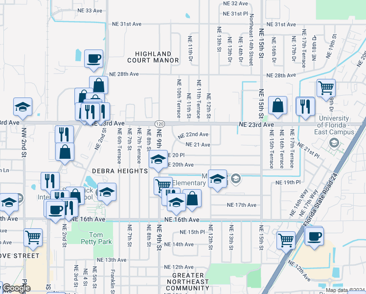 map of restaurants, bars, coffee shops, grocery stores, and more near 1015 Northeast 21 Avenue in Gainesville