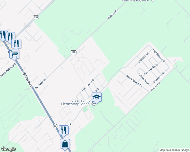 map of restaurants, bars, coffee shops, grocery stores, and more near 659 Tom Kemp Drive in New Braunfels