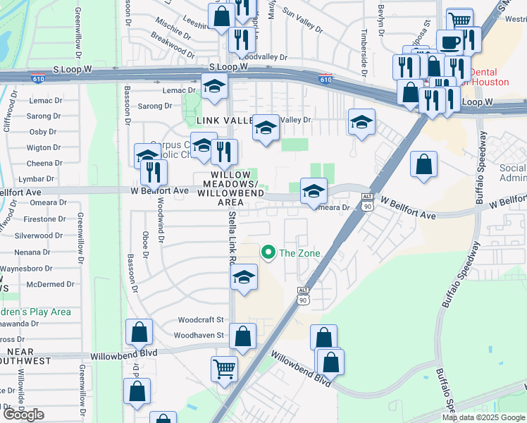 map of restaurants, bars, coffee shops, grocery stores, and more near 3901 Omeara Drive in Houston