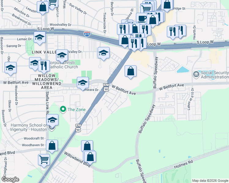 map of restaurants, bars, coffee shops, grocery stores, and more near 3131 West Bellfort Boulevard in Houston