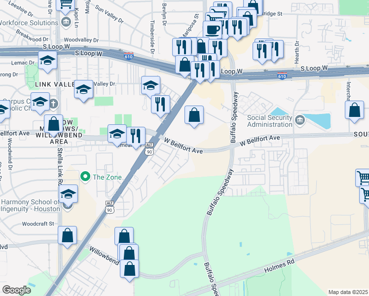 map of restaurants, bars, coffee shops, grocery stores, and more near 3136 West Bellfort Street in Houston