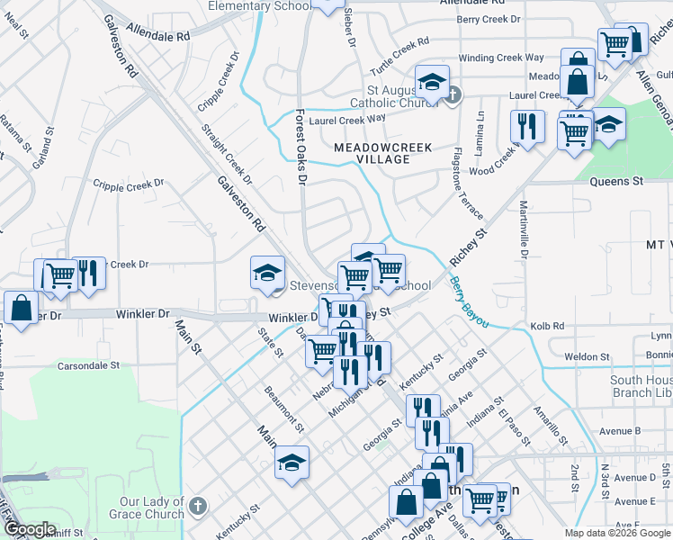 map of restaurants, bars, coffee shops, grocery stores, and more near 2906 Forest Oaks Boulevard in Houston