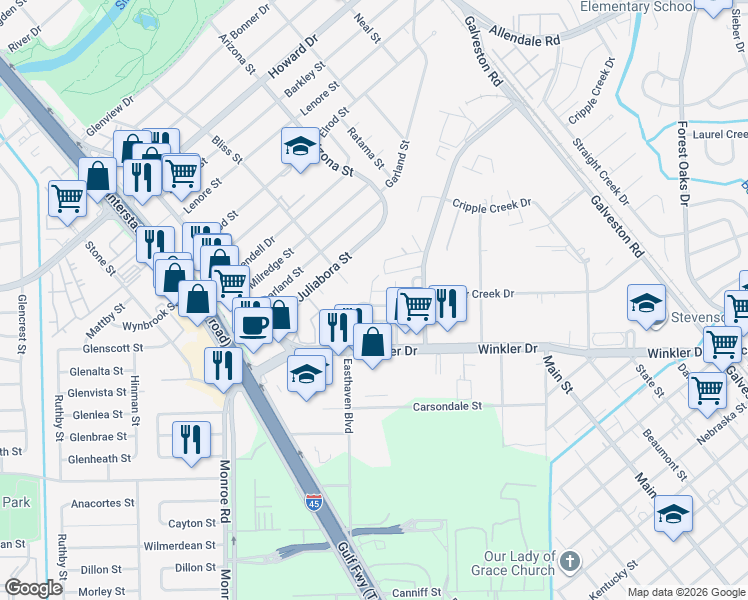 map of restaurants, bars, coffee shops, grocery stores, and more near 8907 San Alberto in Houston
