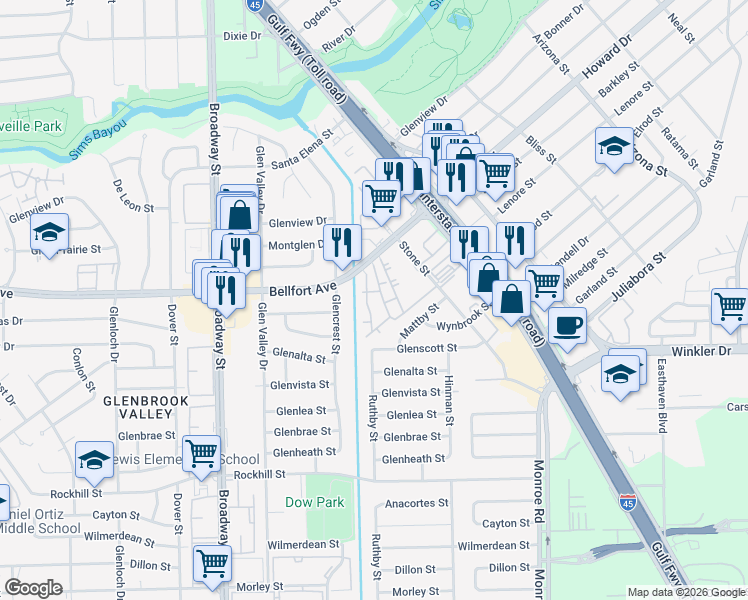 map of restaurants, bars, coffee shops, grocery stores, and more near 7950 Bellfort Street in Houston