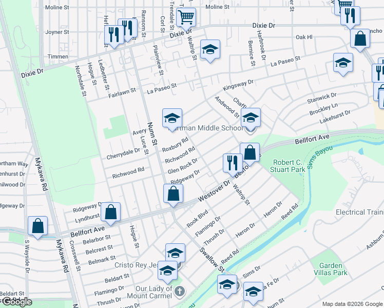 map of restaurants, bars, coffee shops, grocery stores, and more near 6754 Glen Rock Drive in Houston