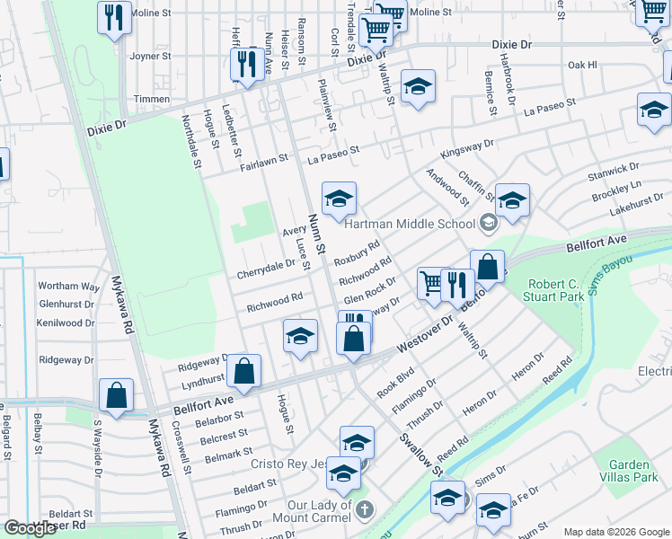 map of restaurants, bars, coffee shops, grocery stores, and more near 6414 Nunn Street in Houston