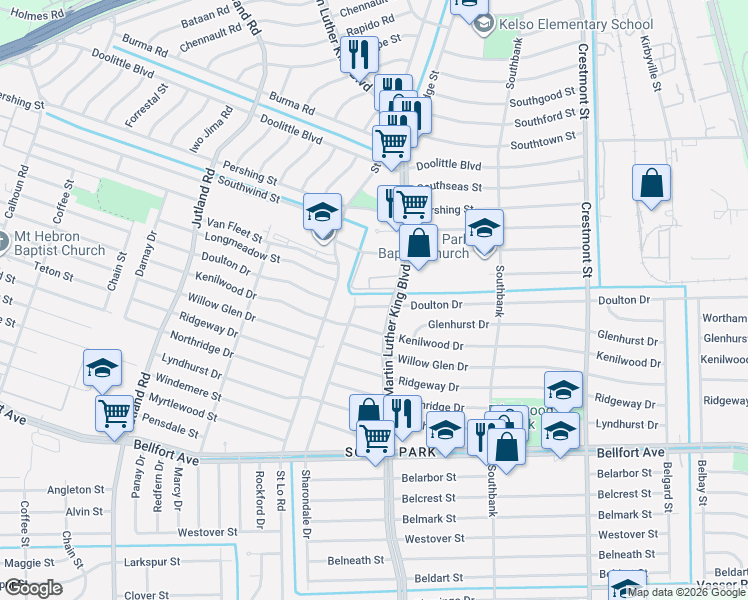 map of restaurants, bars, coffee shops, grocery stores, and more near 5602 Doulton Drive in Houston