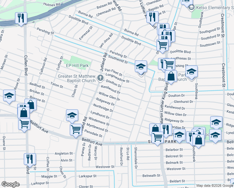 map of restaurants, bars, coffee shops, grocery stores, and more near 5307 Willow Glen Drive in Houston