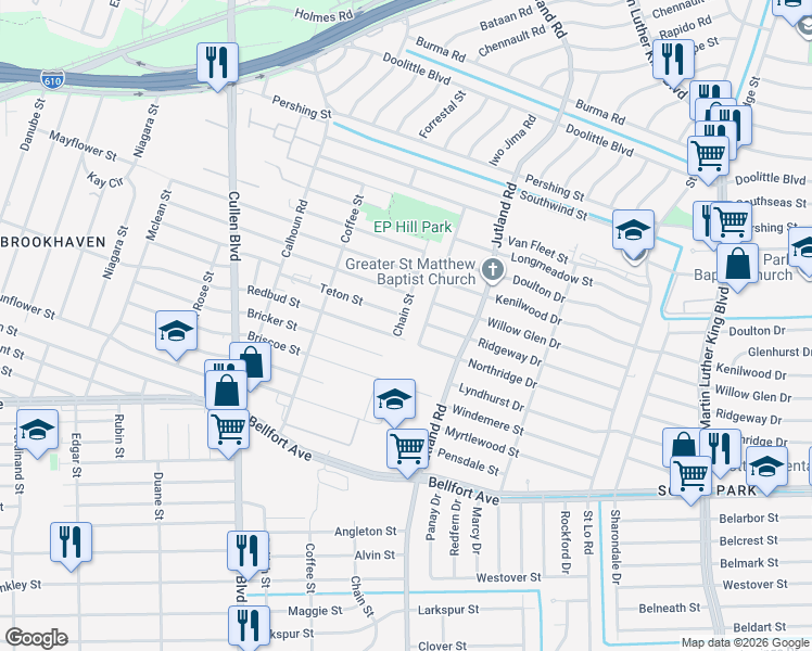map of restaurants, bars, coffee shops, grocery stores, and more near 7918 Darnay Drive in Houston