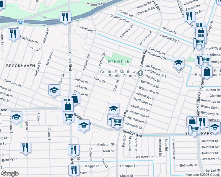map of restaurants, bars, coffee shops, grocery stores, and more near 5041 Bricker Street in Houston