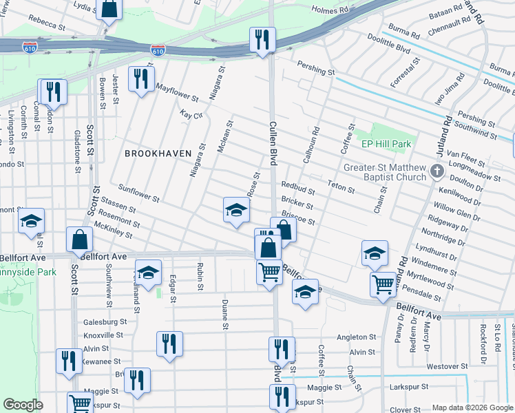 map of restaurants, bars, coffee shops, grocery stores, and more near 4622 Briscoe Street in Houston