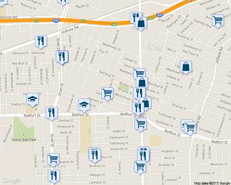 map of restaurants, bars, coffee shops, grocery stores, and more near 4531 Sunflower Street in Houston