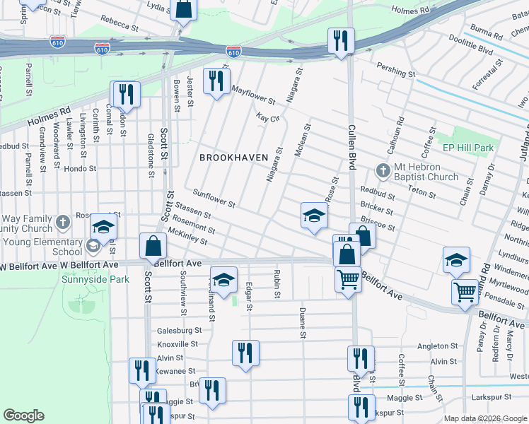 map of restaurants, bars, coffee shops, grocery stores, and more near 8300-8398 Mclean St in Houston