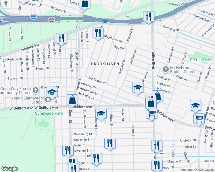 map of restaurants, bars, coffee shops, grocery stores, and more near 4409 Stassen Street in Houston