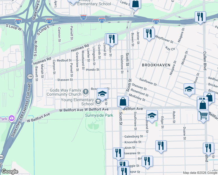 map of restaurants, bars, coffee shops, grocery stores, and more near 8305 Comal Street in Houston