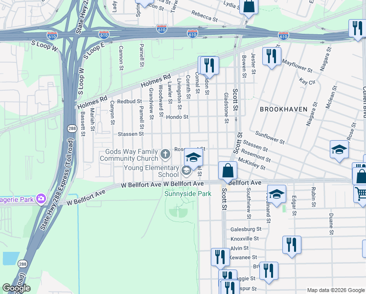 map of restaurants, bars, coffee shops, grocery stores, and more near 8312 Corinth Street in Houston