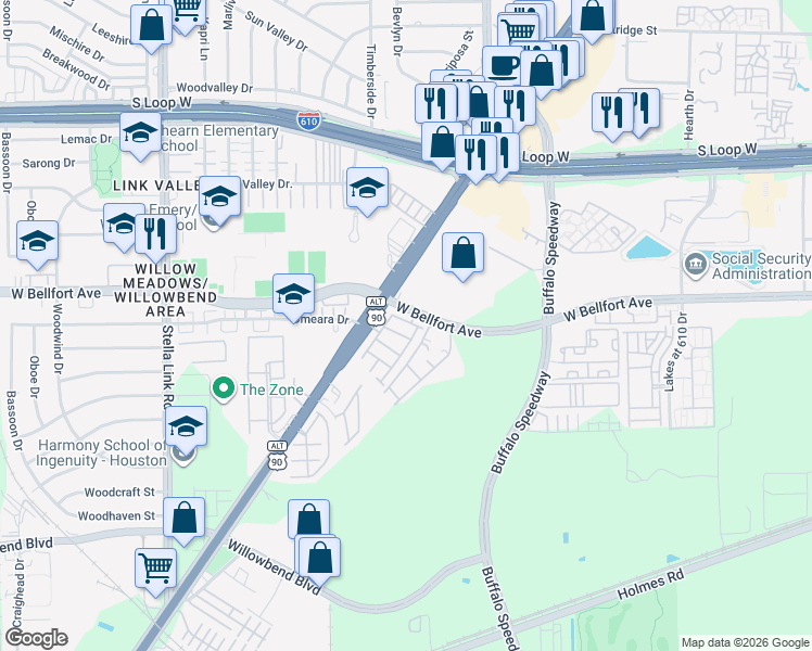 map of restaurants, bars, coffee shops, grocery stores, and more near 3131 West Bellfort Boulevard in Houston