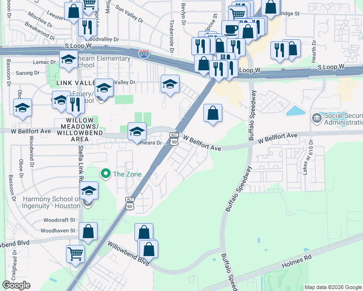map of restaurants, bars, coffee shops, grocery stores, and more near 3419 Knighton Hill Drive in Houston
