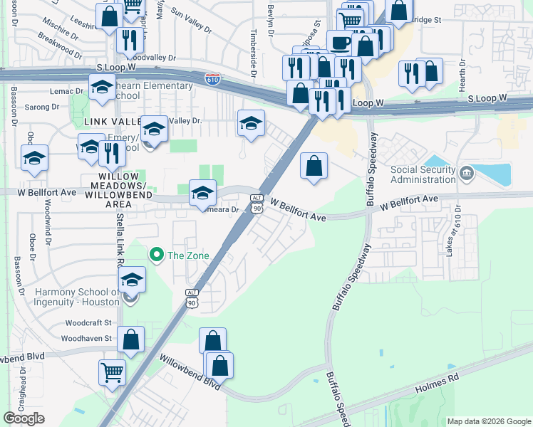 map of restaurants, bars, coffee shops, grocery stores, and more near 3419 Knighton Hill Drive in Houston