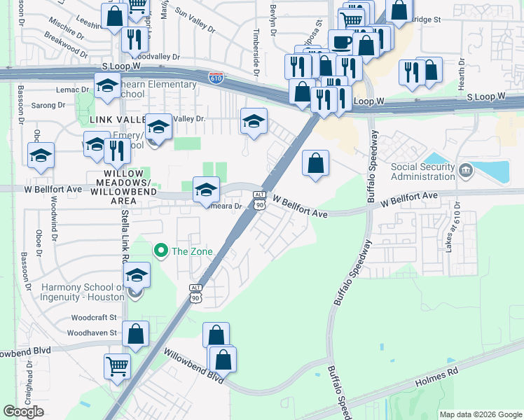 map of restaurants, bars, coffee shops, grocery stores, and more near 3419 Knighton Hill Drive in Houston