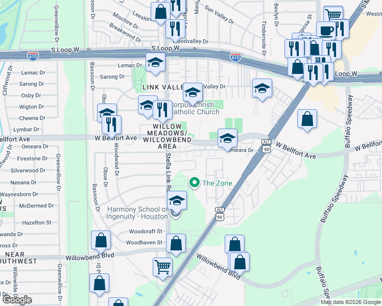 map of restaurants, bars, coffee shops, grocery stores, and more near 10151 Stella Link Road in Houston
