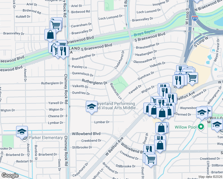 map of restaurants, bars, coffee shops, grocery stores, and more near 10011 Cedarhurst Drive in Houston