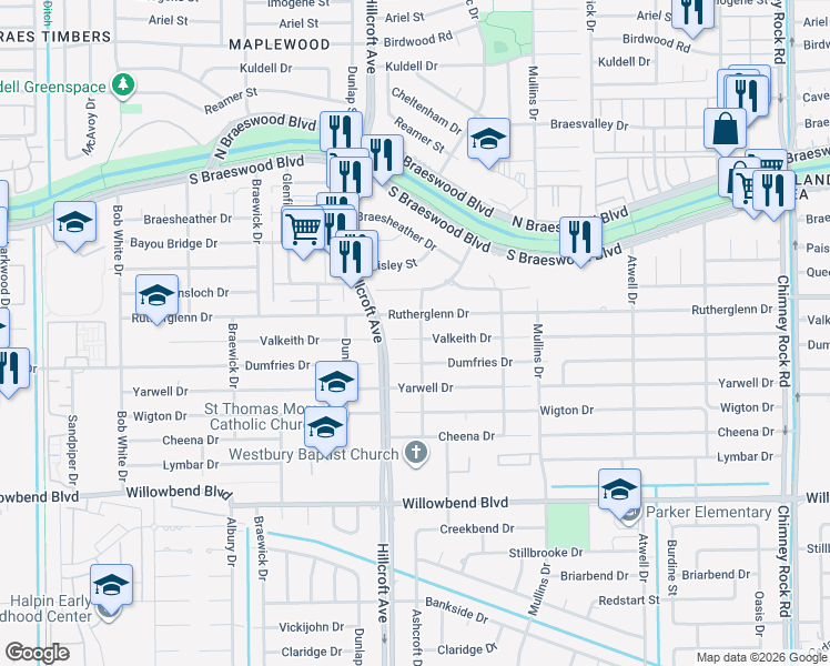 map of restaurants, bars, coffee shops, grocery stores, and more near 5831 Valkeith Drive in Houston