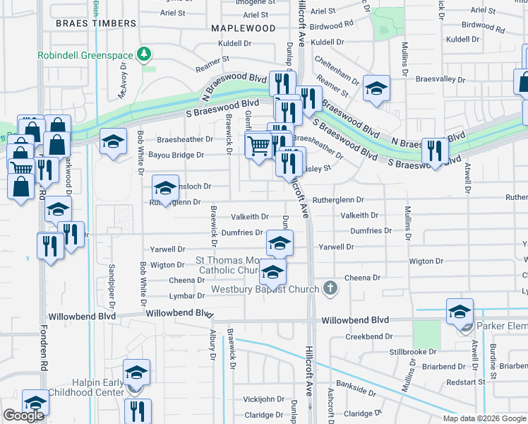 map of restaurants, bars, coffee shops, grocery stores, and more near 5935 Valkeith Drive in Houston