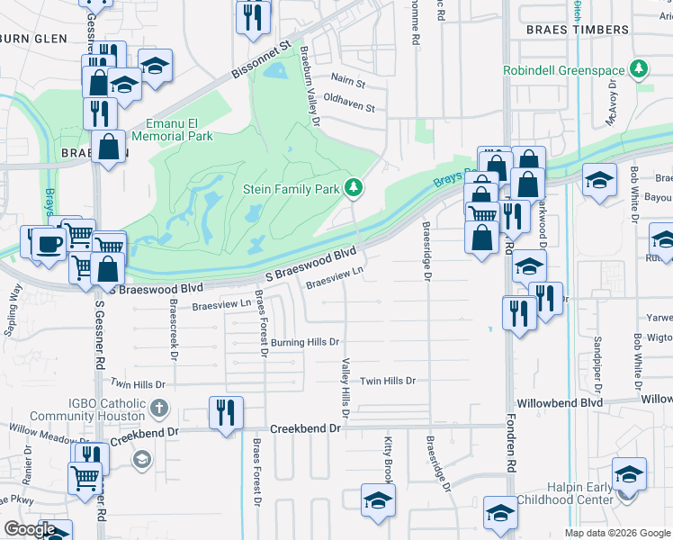 map of restaurants, bars, coffee shops, grocery stores, and more near 7907 Braesview Lane in Houston