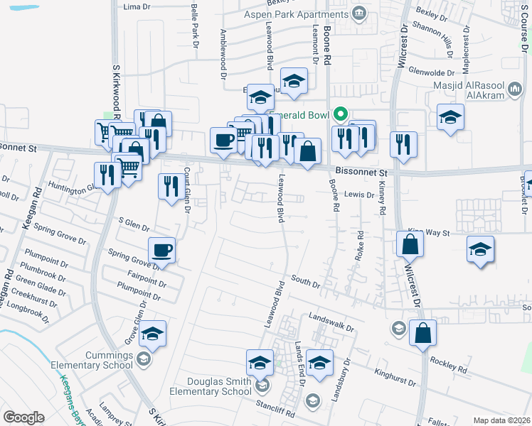 map of restaurants, bars, coffee shops, grocery stores, and more near 11503 Elmcroft Drive in Houston
