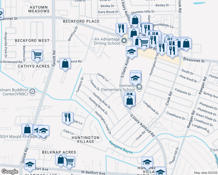 map of restaurants, bars, coffee shops, grocery stores, and more near 12702 Palm Desert Lane in Houston