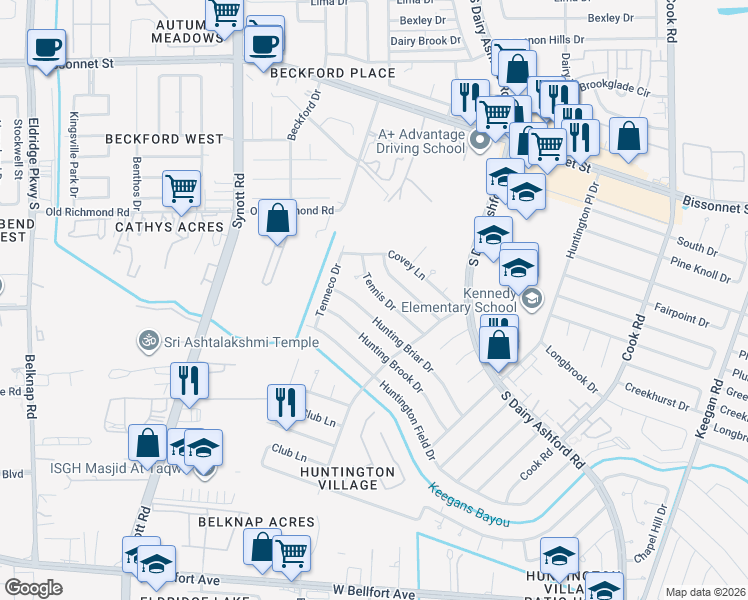 map of restaurants, bars, coffee shops, grocery stores, and more near 12734 Hunting Briar Drive in Houston