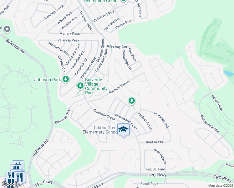 map of restaurants, bars, coffee shops, grocery stores, and more near 3719 Ponderosa Bend in San Antonio