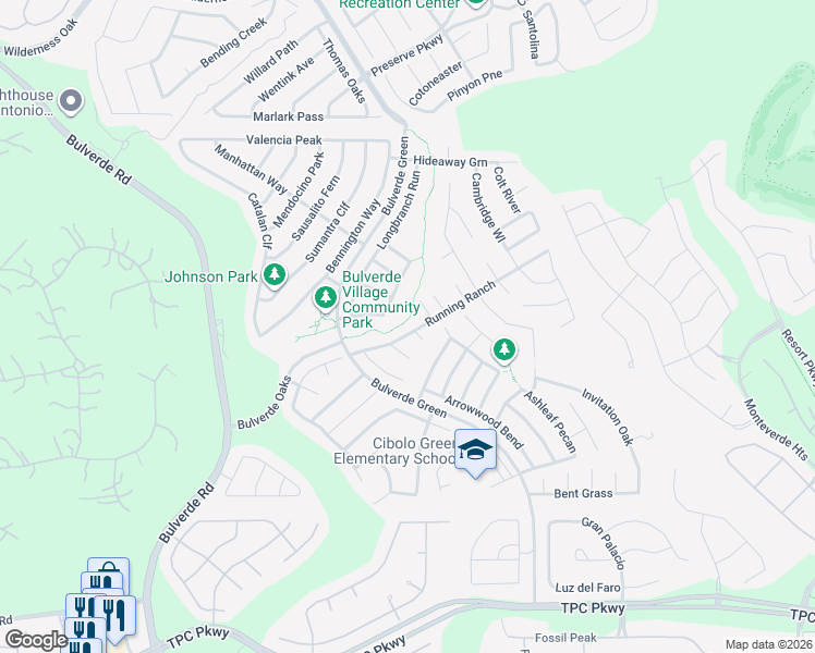 map of restaurants, bars, coffee shops, grocery stores, and more near 3555 Running Ranch in San Antonio